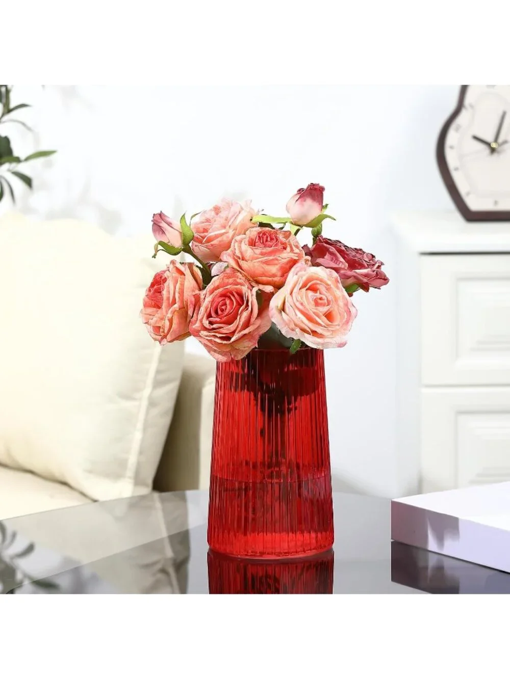 8 Inches Modern Red Glass For Vase Flower Bouquet Living Room Bedroom Home Deco